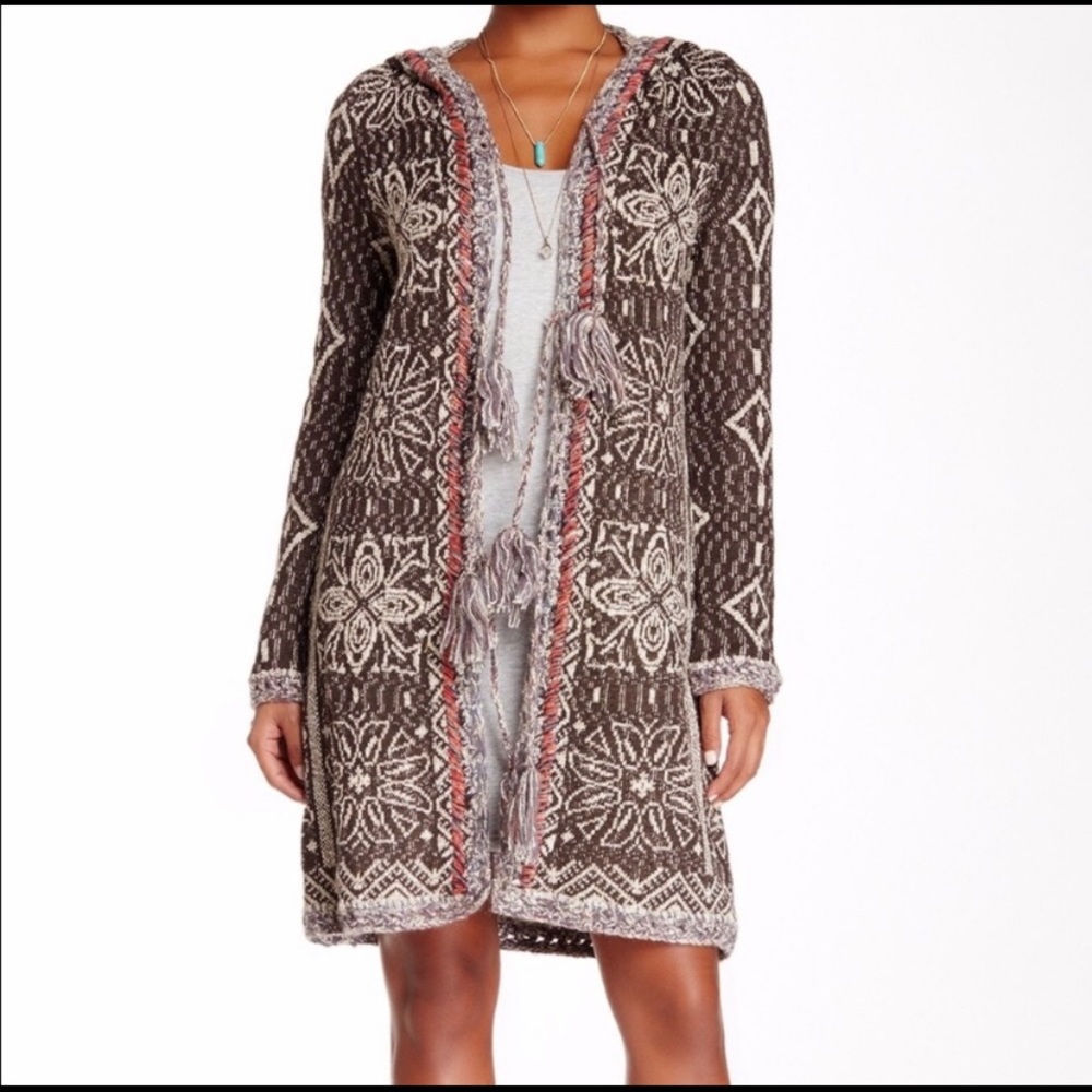 Free People Kai Pom Pom Hooded Cardigan in Brown